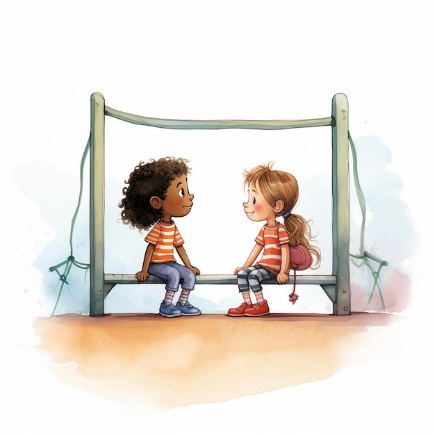 un dessin de deux enfants sur un banc avec une fille et un garçon de l'autre côté.