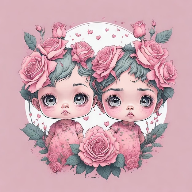 Un dessin de deux filles avec des roses sur la tête