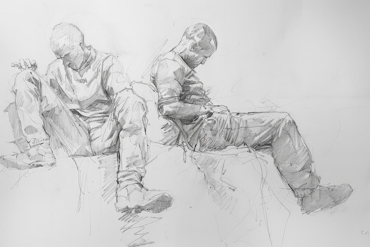 Photo un dessin de deux hommes assis l'un à côté de l'autre