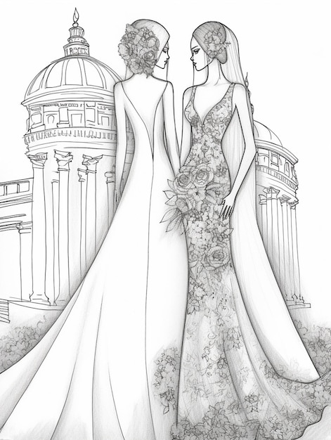 Photo un dessin de deux mariées en robes de mariée debout devant un bâtiment ai génératif