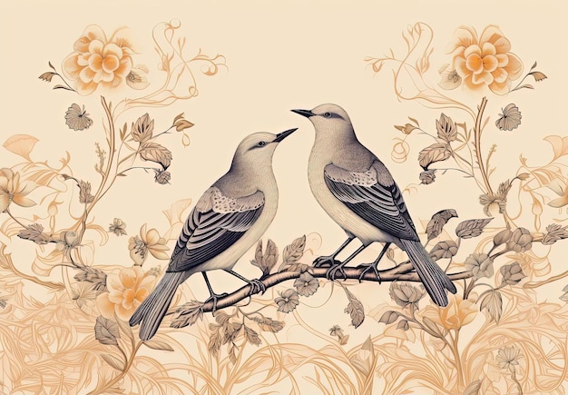 un dessin de deux oiseaux avec un motif floral sur fond blanc