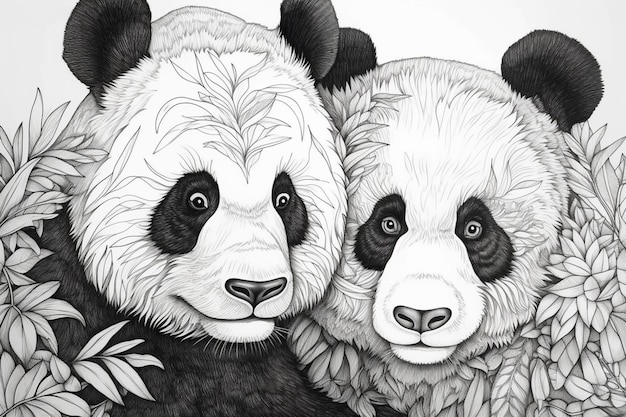 Un dessin de deux pandas avec un fond noir et blanc.