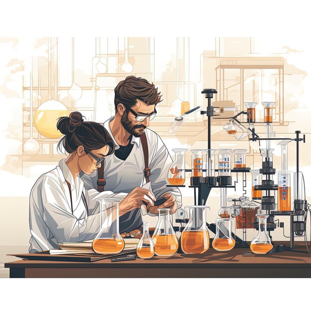 Photo un dessin de deux personnes travaillant dans un laboratoire avec une image d'un homme et d'une femme