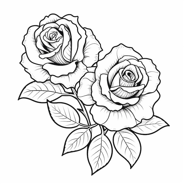 un dessin de deux roses avec des feuilles sur un fond blanc