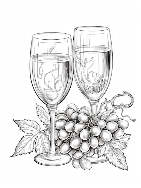 dessin de deux verres de vin et de raisins sur une table générative ai