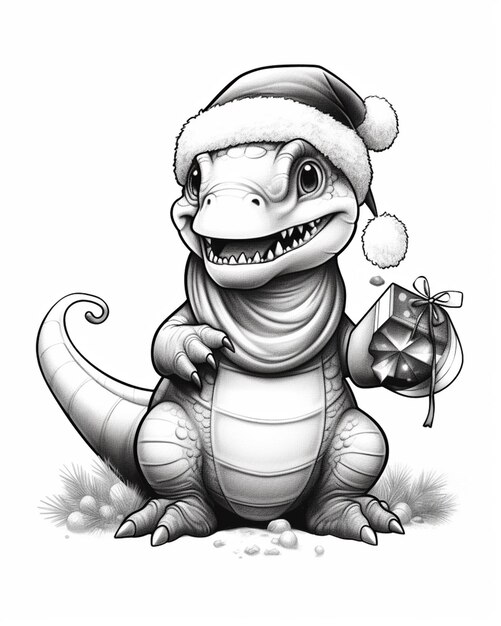 un dessin d'un dinosaure avec un chapeau de Père Noël et une cloche générative ai