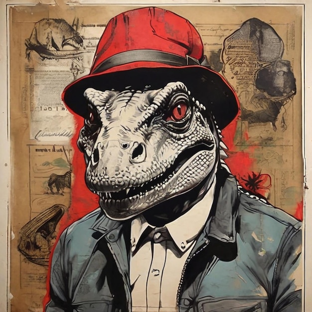 Photo un dessin d'un dinosaure avec un chapeau rouge et un chopeau