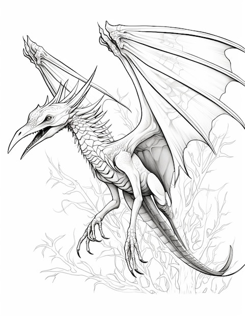 un dessin d'un dragon avec des ailes et une queue ai générative