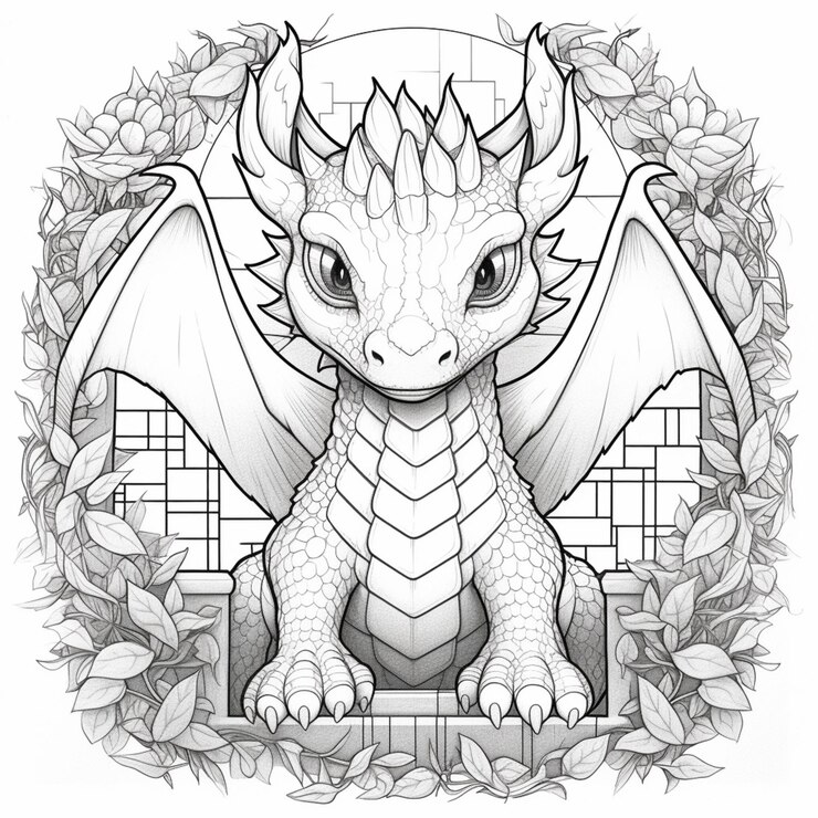 un dessin d'un dragon assis sur un banc entouré de feuilles ai générative