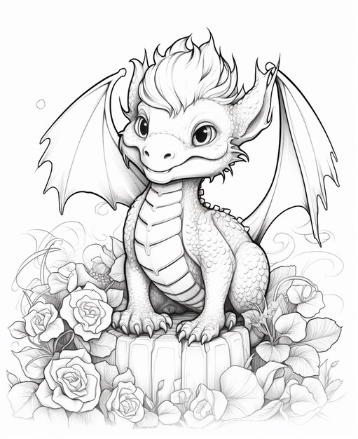 un dessin d'un dragon assis sur un parterre de fleurs ai générative