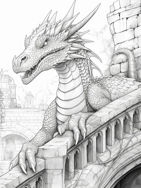 Photo un dessin d'un dragon assis sur un pont avec un château en arrière-plan