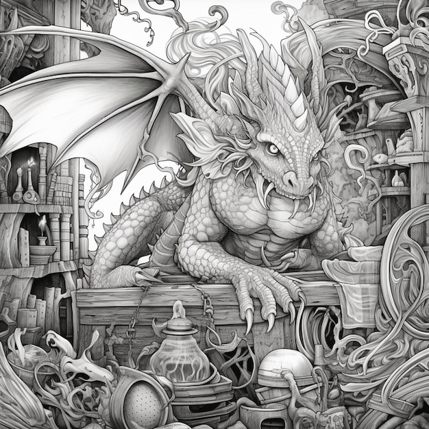 Photo un dessin d'un dragon assis sur une table avec beaucoup d'objets ai génératif