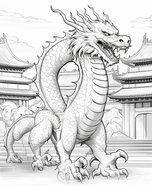 Photo un dessin d'un dragon devant un bâtiment avec un fond de ciel génératif ai
