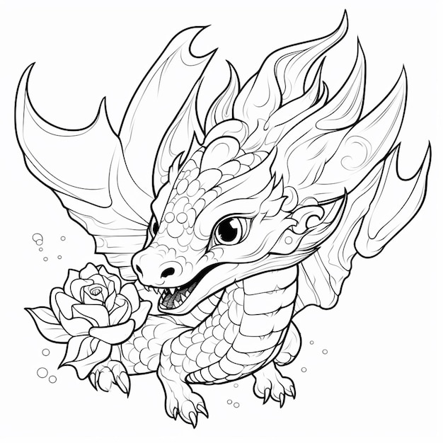 un dessin d'un dragon avec une fleur dans la bouche ai générative