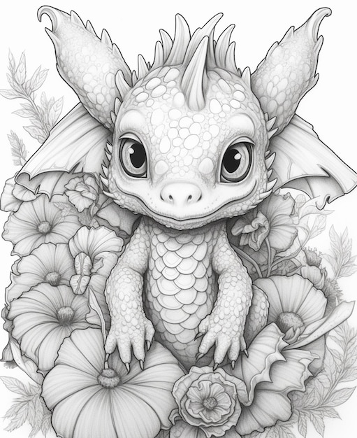 un dessin d'un dragon avec des fleurs et des feuilles autour de lui IA générative