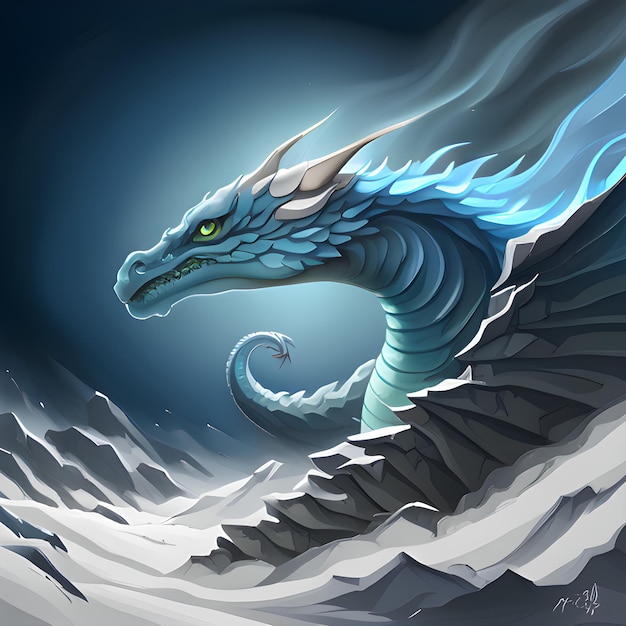 un dessin d'un dragon avec un fond bleu.