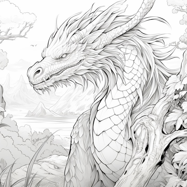 Dessin de dragon noir et blanc assis image de branche générée par l'IA