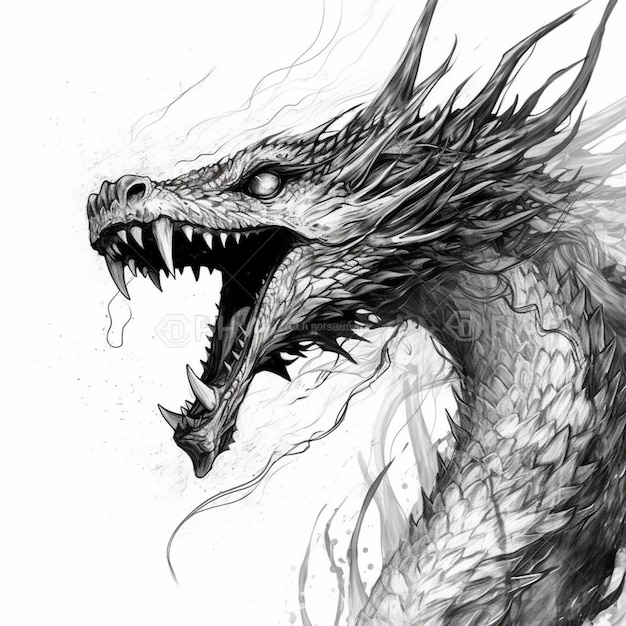 Un dessin d'un dragon avec sa bouche ouverte et ses dents grandes ouvertes générative ai