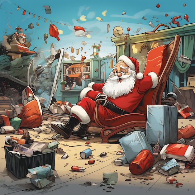 un dessin du père Noël est entouré d'un tas de déchets