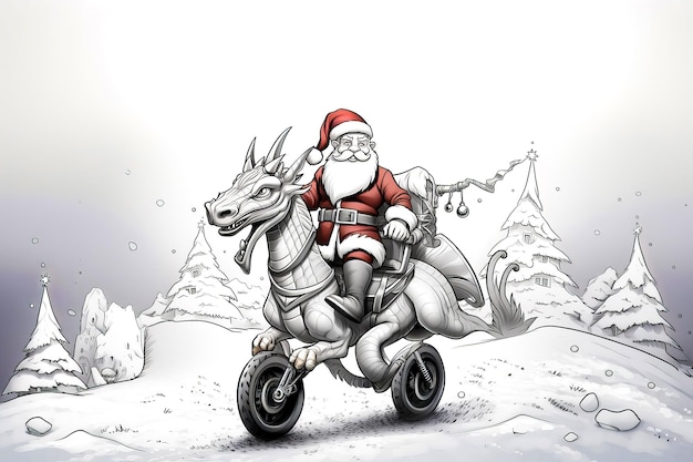 Dessin du Père Noël sur une moto avec un dragon à l'arrière