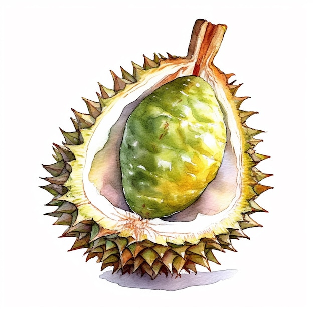 Un dessin d'un durian avec le fruit vert dessus.