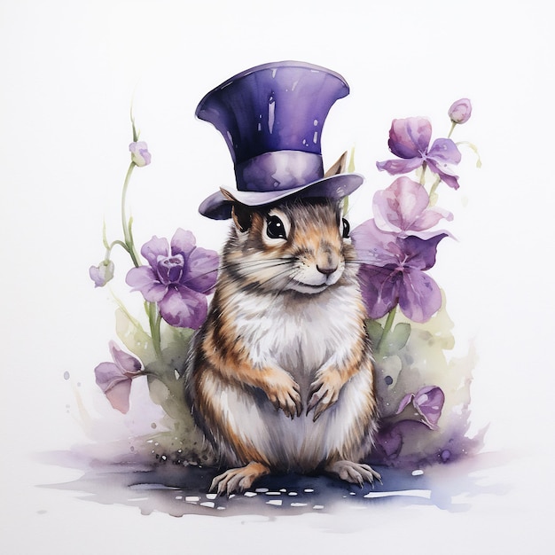 un dessin d'un écureuil avec un chapeau violet et un chapeau violet