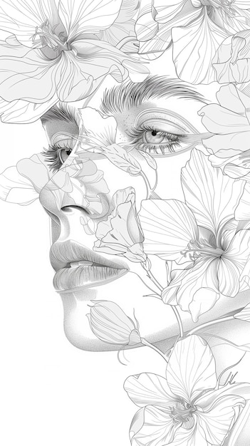 Photo dessin élégant d'un visage avec des fleurs en haute définition sur fond blanc