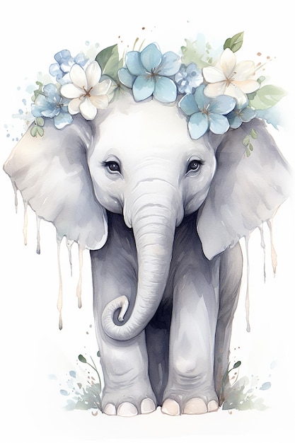 un dessin d'un éléphant avec une couronne florale sur la tête.