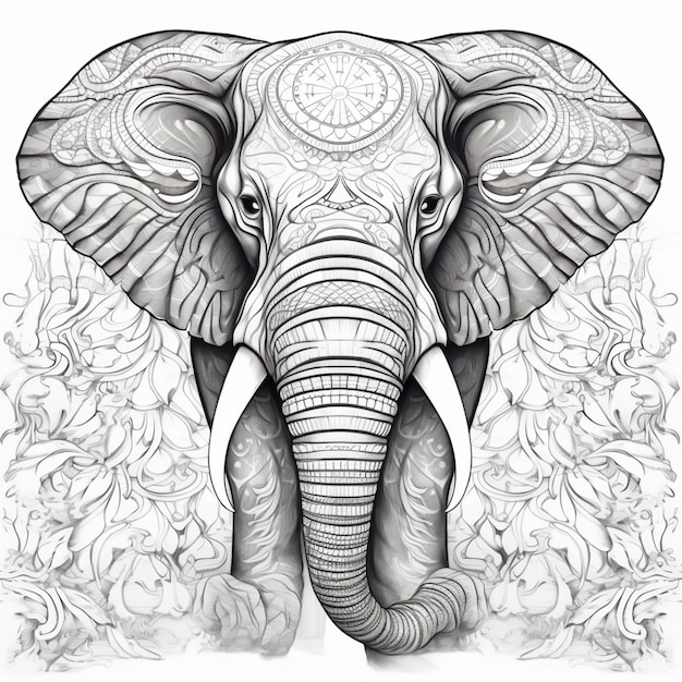 un dessin d'un éléphant avec une grande défensive et un motif sur sa tête