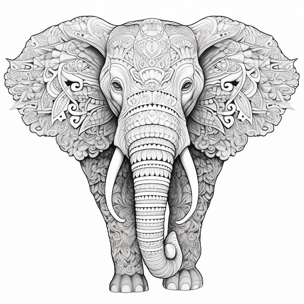 un dessin d'un éléphant avec des motifs complexes sur sa tête