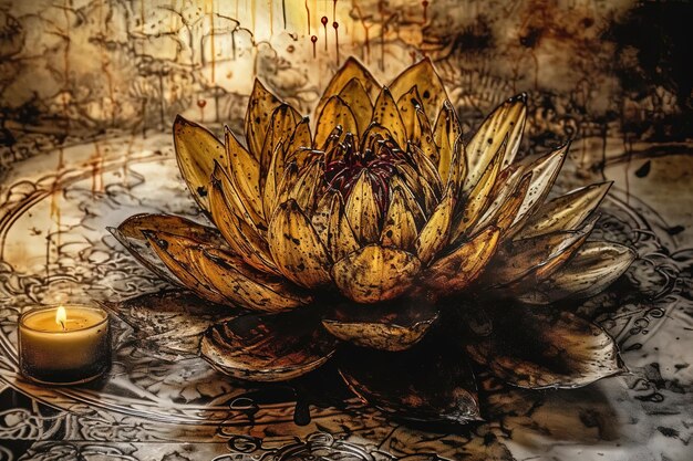 Dessin à l'encre et à l'aquarelle d'une fleur de lotus