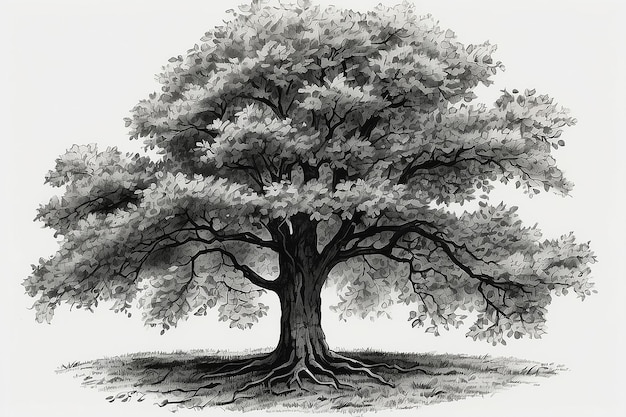 Photo dessin à l'encre d'un arbre d'automne en noir et blanc