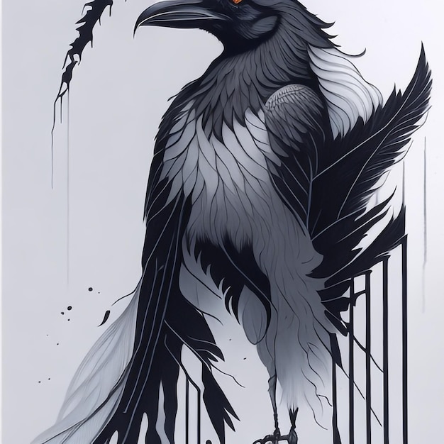 Photo dessin à l'encre d'un profil latéral de corbeau moderne