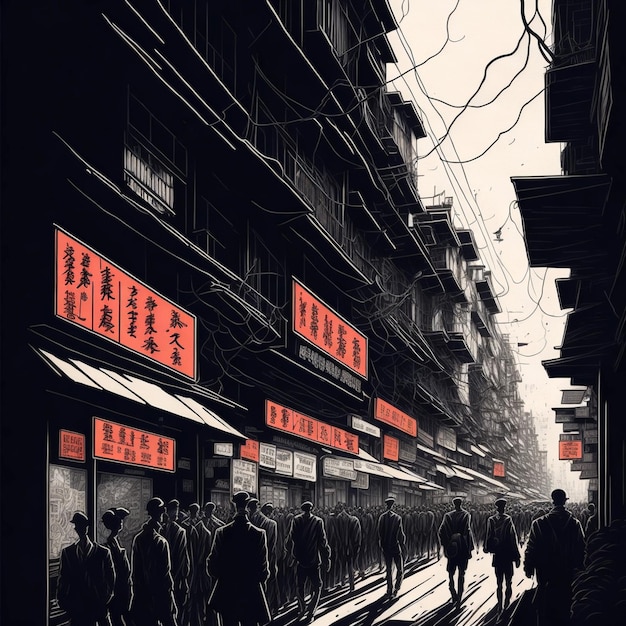 Dessin à l'encre des rues de la lumière rouge de Hong Kong, des foules de vendeurs face à la caméra.