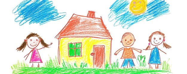 Photo dessin d'enfant d'une maison et d'une famille généré par l'ia