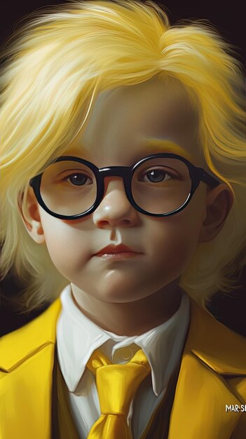 un dessin d'un enfant portant des lunettes et une veste jaune.