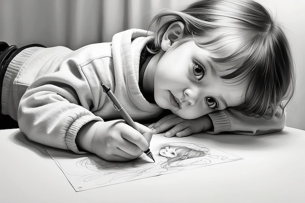 Un dessin d'un enfant avec un stylo à la main