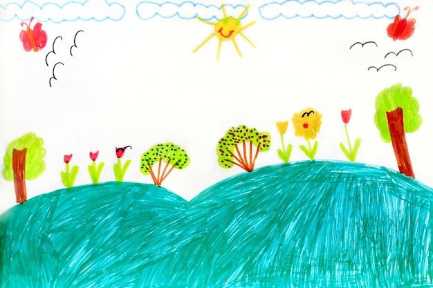 dessin d'enfants joyeux avec des arbres et des fleurs sur la colline