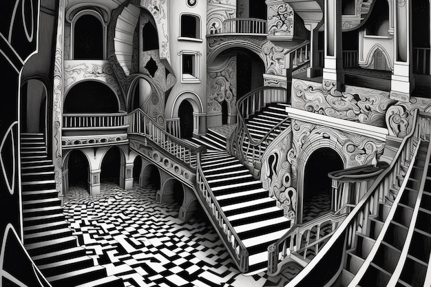 Un dessin d'un escalier avec un motif noir et blanc.