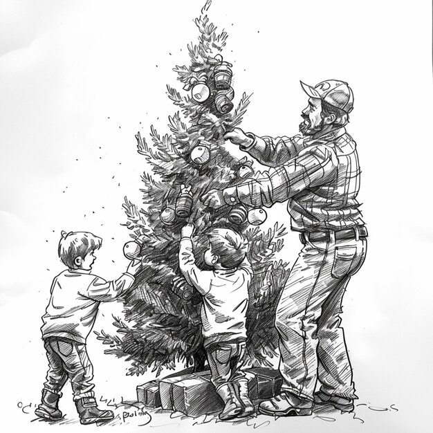 Photo dessin d'une famille décorant un arbre de noël avec des ornements génératifs ai