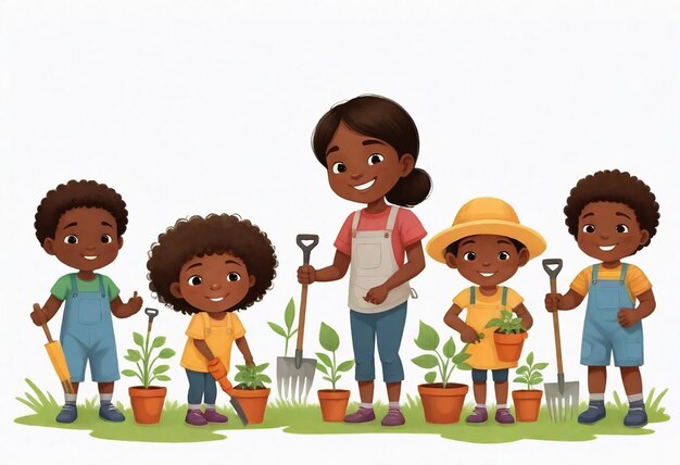 un dessin d'une famille avec des plantes et une plante en pot