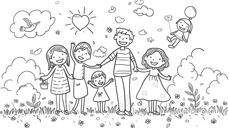 Photo un dessin d'une famille avec un soleil dans le ciel