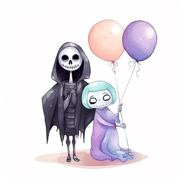 Un dessin d'une faucheuse et d'une fille tenant des ballons.