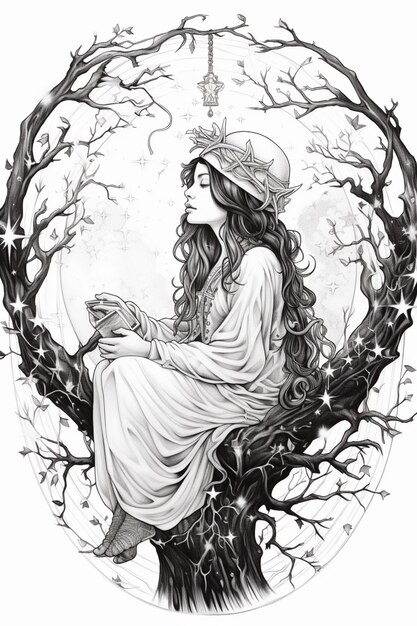Photo un dessin d'une femme assise sur une branche d'arbre avec un oiseau dans sa main