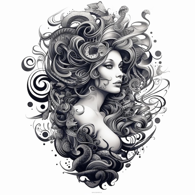 Un dessin d'une femme aux cheveux bouclés et un tourbillon de tourbillons.
