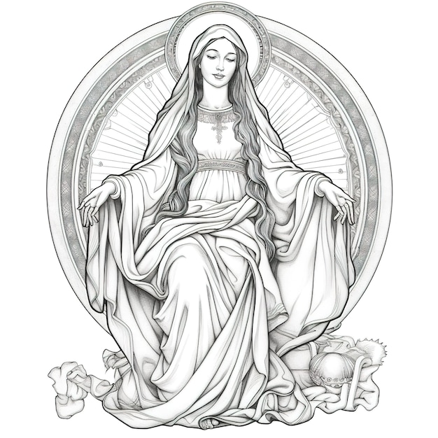 Un dessin d'une femme aux cheveux longs et une robe blanche avec le mot vierge dessus