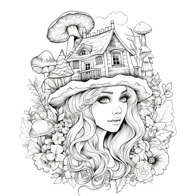 un dessin d'une femme avec un chapeau et des champignons sur la tête