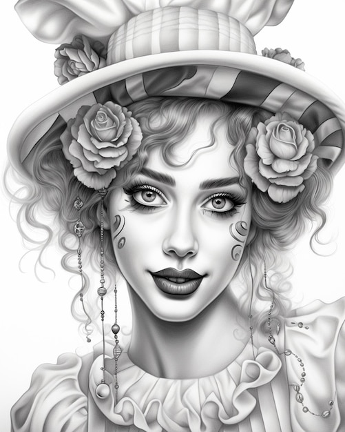 un dessin d'une femme avec un chapeau et des roses sur la tête