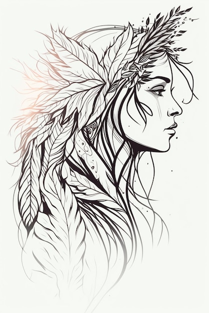 dessin d'une femme avec une coiffure de plumes et des plumes sur sa tête