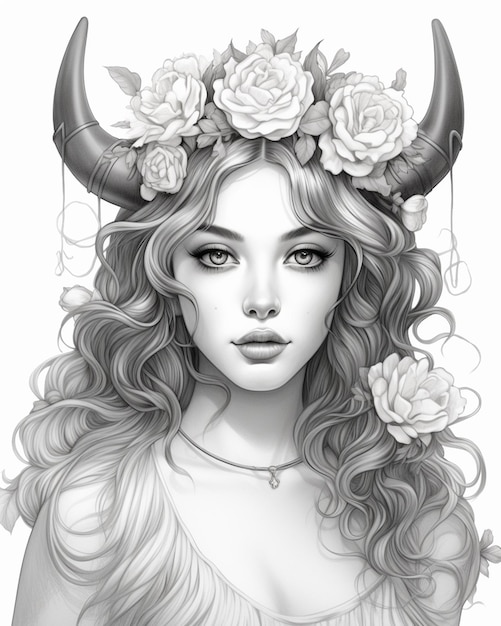 un dessin d'une femme avec des cornes et des fleurs sur sa tête